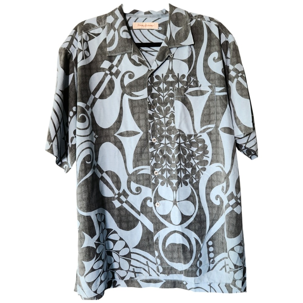 Tommy Bahama Hawaiian Shirt Men's L Gray Blue‎ Floral 100% Silk Resort Camp Loop